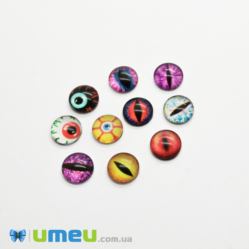 Кабошоны стеклянные с принтом Глаз, 10 мм, Круглые, Микс (KAB-050703)