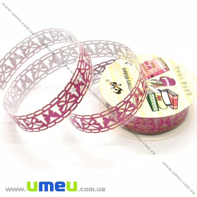 Декоративний скотч мереживний, Малиновий, Метелики, 15 мм (DIF-026225)