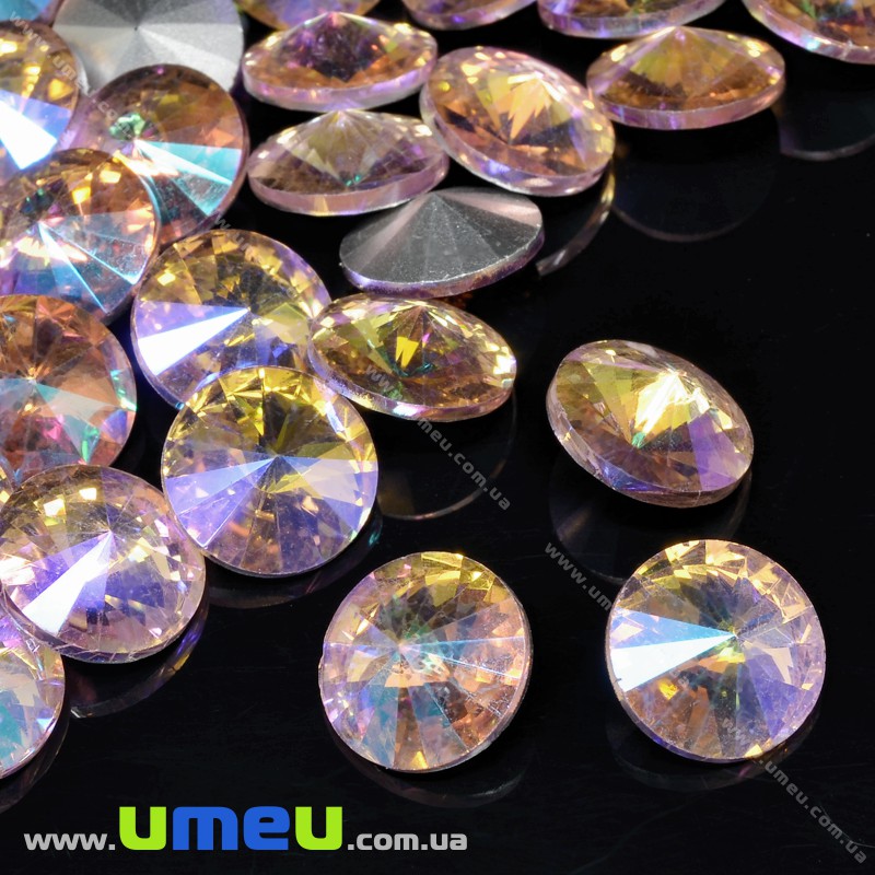 Ріволі скляний, Круглий гранований, Райдужний, 14 мм, Рожевий світлий АВ (KAB-033909)