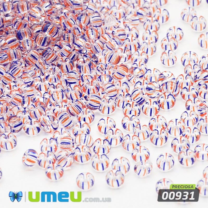 Бісер чеський №894/00931, Прозорий у червоно-синю смужку, 10/0 (BIS-043993)
