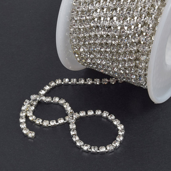 Стразовая цепь SS10 (2,6 мм), Светлое серебро, Стразы стеклянные белые (ZEP-039956)