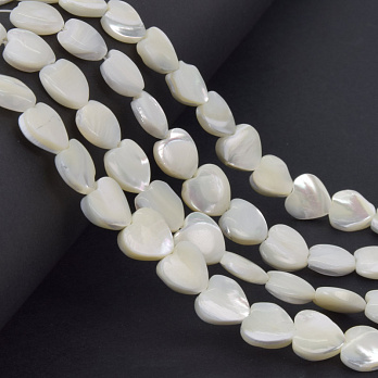 Бусины Перламутр белый, Натур. камень, 10 мм, Сердце, 19 см (BUS-058094)