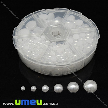 Набір напівнамистин у контейнері, Білі, Круглі (KAB-022077)