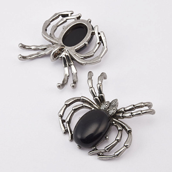 Подвеска Паук, Натур. камень Обсидиан черный, 35х35 мм, Темное серебро (POD-058574)