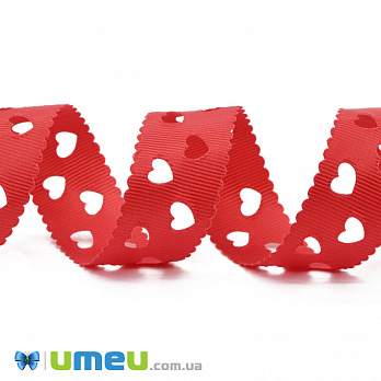 Репсова стрічка Серця перфоровані, 25 мм, Червона (LEN-048575)