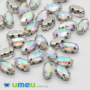 Шатон лодочка 8х4 мм, Темное серебро, Белый АВ (KAB-037911)