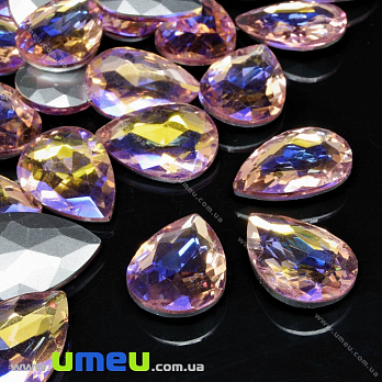 Ріволі скляний, Крапля гранована, Райдужний, 25х18 мм, Рожевий світлий АВ (KAB-033982)