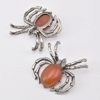 Подвеска Паук, Натур. камень Сердолик, 35х35 мм, Темное серебро (POD-058577)