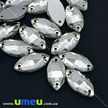Пришивний кристал скляний Човник гранований, 22х13 мм, Білий (KAB-012579)