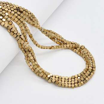 Намистини Гематит, Натур. камінь, Кубик, 3х3х3 мм, З покриттям, Золотисті (BUS-051758)