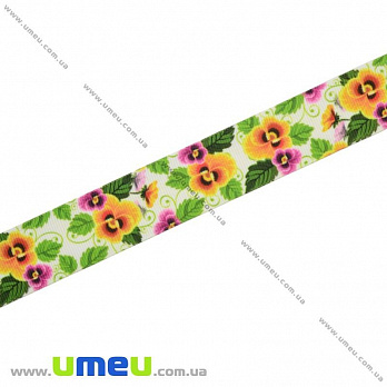 Репсова стрічка з малюнком Квіти, 25 мм, Біла (LEN-008098)