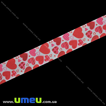 Репсова стрічка з малюнком Серця, 25 мм, Червона (LEN-016565)