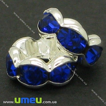 Розділювач 8 мм, Срібло, Стрази скляні сині (OBN-006559)