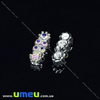 Розділювач на 2 нитки 13х4,5х4 мм, Світле срібло, Стрази скляні білі АВ (OBN-031569)