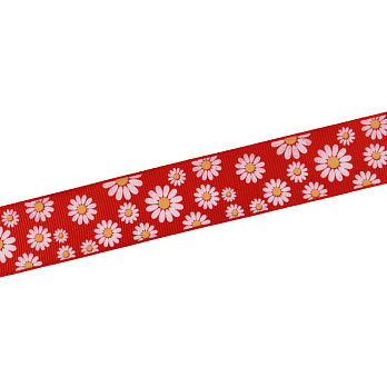 Репсова стрічка з малюнком Ромашки, 25 мм, Червона (LEN-054887)