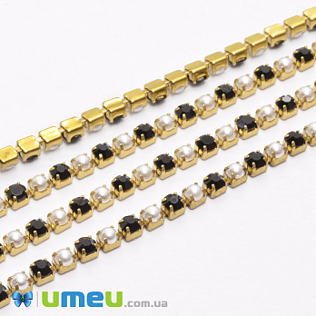 Стразовая цепь SS6 (2,0 мм), Золото, Стразы стеклянные черные, 1 м (ZEP-049284)