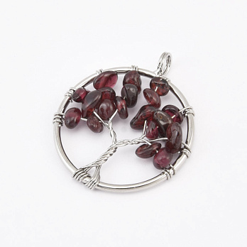 Підвіска Дерево, Натур. камінь Гранат, 35х29 мм, Темне срібло (POD-058565)