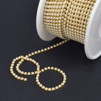 Жемчужная цепь SS6 (2,0 мм), Золото, Жемчужины пластиковые белые (ZEP-043006)