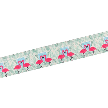 Репсова стрічка з малюнком Фламінго, 25 мм, Зелена (LEN-054877)