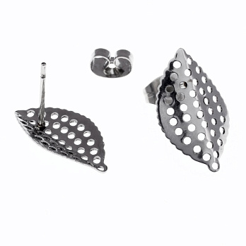 Пусети з нерж. сталі з заглушками, Листочки, 18х11 мм, Темне срібло (STL-055774)