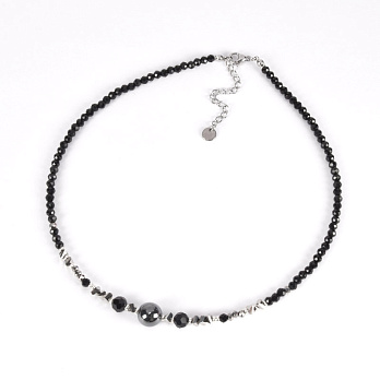 Колье черное, Бусины стеклянные и Гематит, 37 см, Нерж сталь (BUS-062393)