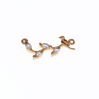 Коннектор металлический Птичка на ветке, 25х11 мм, Куб. цирконий, Золото (KON-055499)