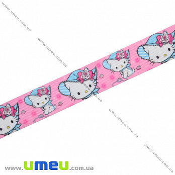 Репсовая лента с рисунком Hello Kitty, 25 мм, Розовая (LEN-001557)