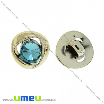 Гудзик пластиковий на ніжці зі стразами, 11,5 мм, Блакитний, Світле золото (PUG-021468)