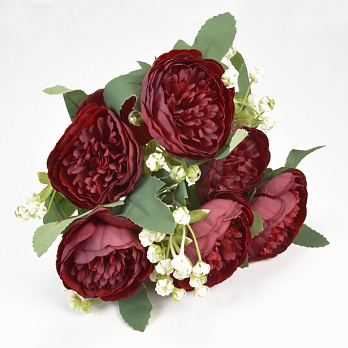 Букет півоній з гіпсофілою, 29 см, Бордовий (DIF-057584)