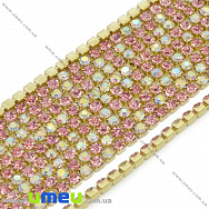 Стразовий ланцюг SS6 - 2,0 мм, Золото, Стрази скляні різнокольорові (рожеві), 1 м (ZEP-036404)