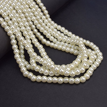 Бусины стеклянные Жемчуг, 6 мм, Кремовые, Круглые (BUS-048878)