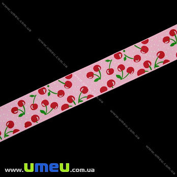 Репсова стрічка з малюнком Вишеньки, 25 мм, Рожева (LEN-016568)