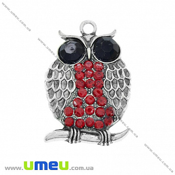 [Архів] Підвіска метал. Сова з червоними стразами, 41х28 мм, Античне срібло (POD-028274)