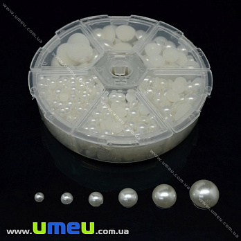 Набір напівнамистин у контейнері, Кремові, Круглі (KAB-022078)