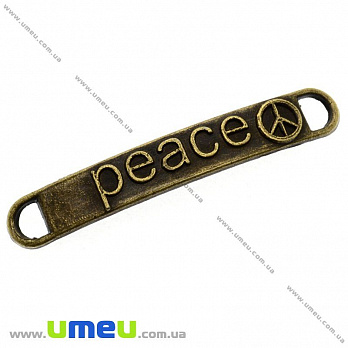 Коннектор-пластина металлический Peace, 38х6 мм, Античная бронза, 1 шт (KON-001953)