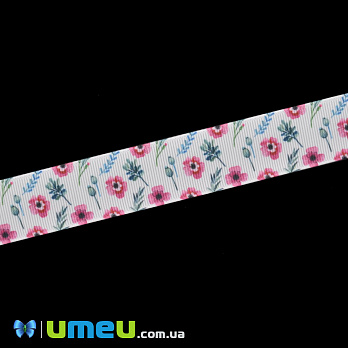 Репсова стрічка з малюнком Квіти, 25 мм, Біла (LEN-040270)
