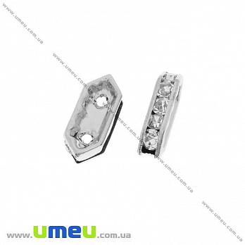 Розділювач на 2 нитки 15х6х4 мм, Темне срібло, Стрази скляні білі (OBN-031570)