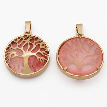 Підвіска мет. Дерево з кабош. із нат. каменю Кварц вишневий, Золото, 31х28х8 мм (POD-054366)
