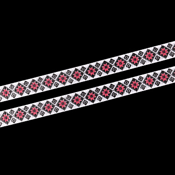 Репсова стрічка з малюнком Ромби червоні, 10 мм, Біла (LEN-054897)