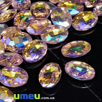 Ріволі скляний, Овал гранований, Райдужний, 14х10 мм, Рожевий світлий АВ (KAB-034002)