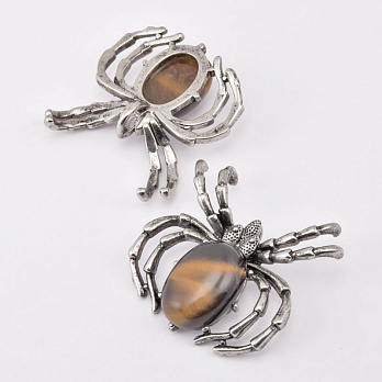 Подвеска Паук, Натур. камень Тигровый глаз, 35х35 мм, Темное серебро (POD-058575)