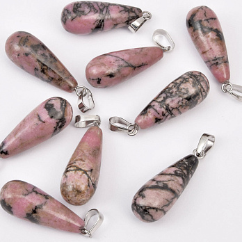 Підвіска Крапля, Натур. камінь Родоніт, 29х10 мм (POD-057947)