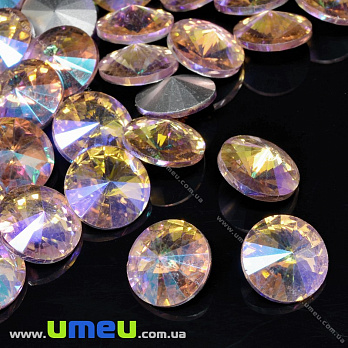 Ріволі скляний, Круглий гранований, Райдужний, 14 мм, Рожевий світлий АВ (KAB-033909)